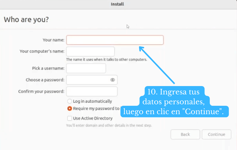 Instalar Ubuntu: crear usuario